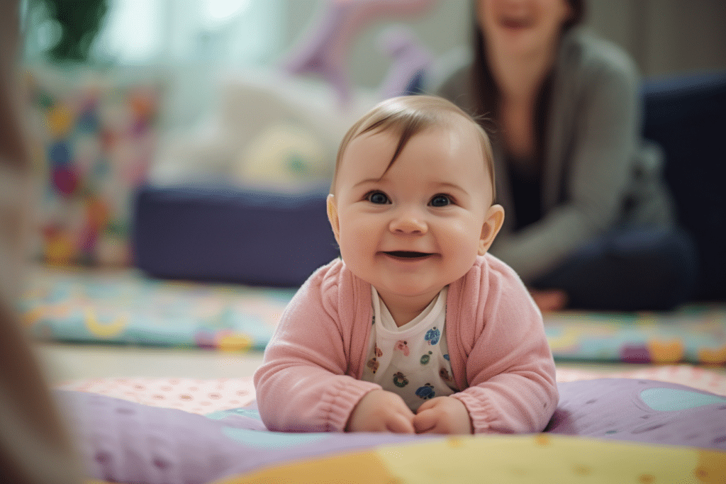 a happy baby sitting on a play mat - Motherhood Center