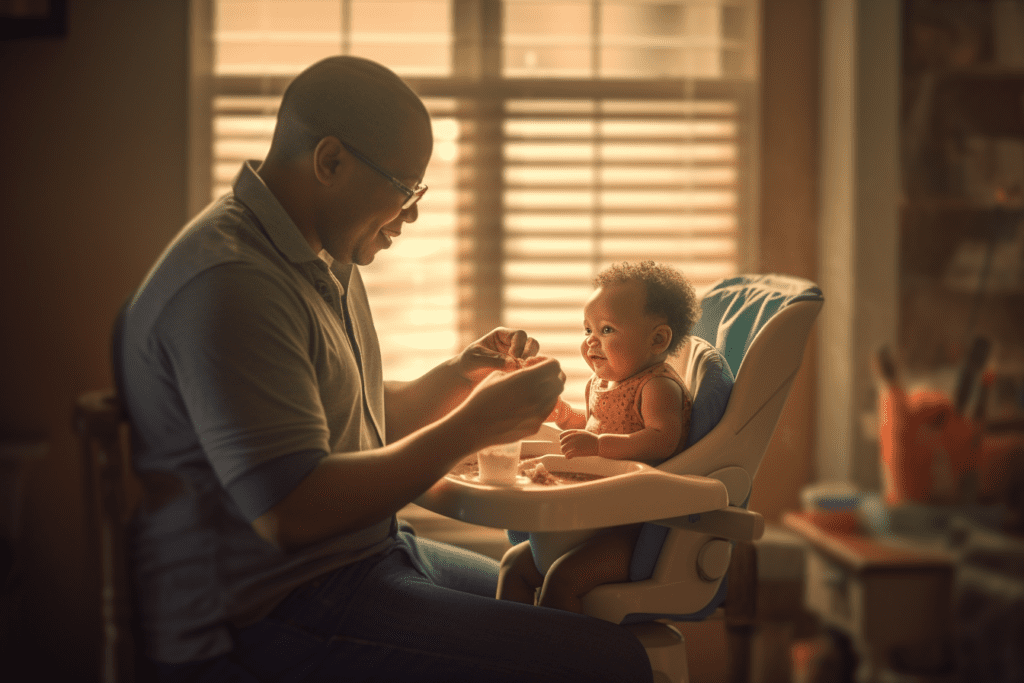father feeding solid foods to baby