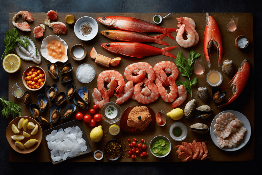 knolling photo of seaffod